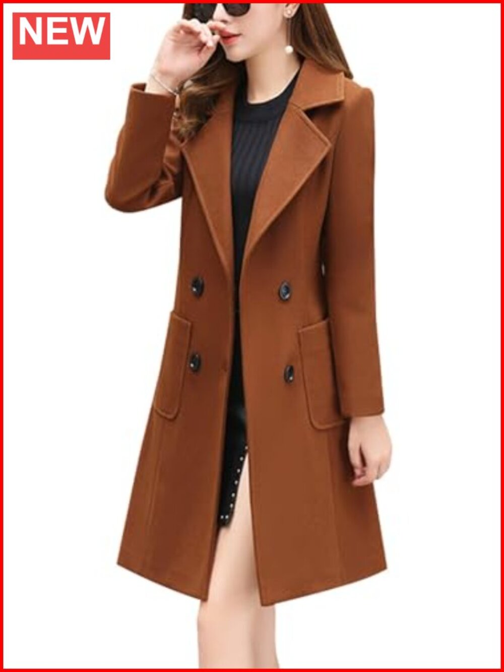 Notched Collar Double Breasted Wool Blend Overcoat Knee Length